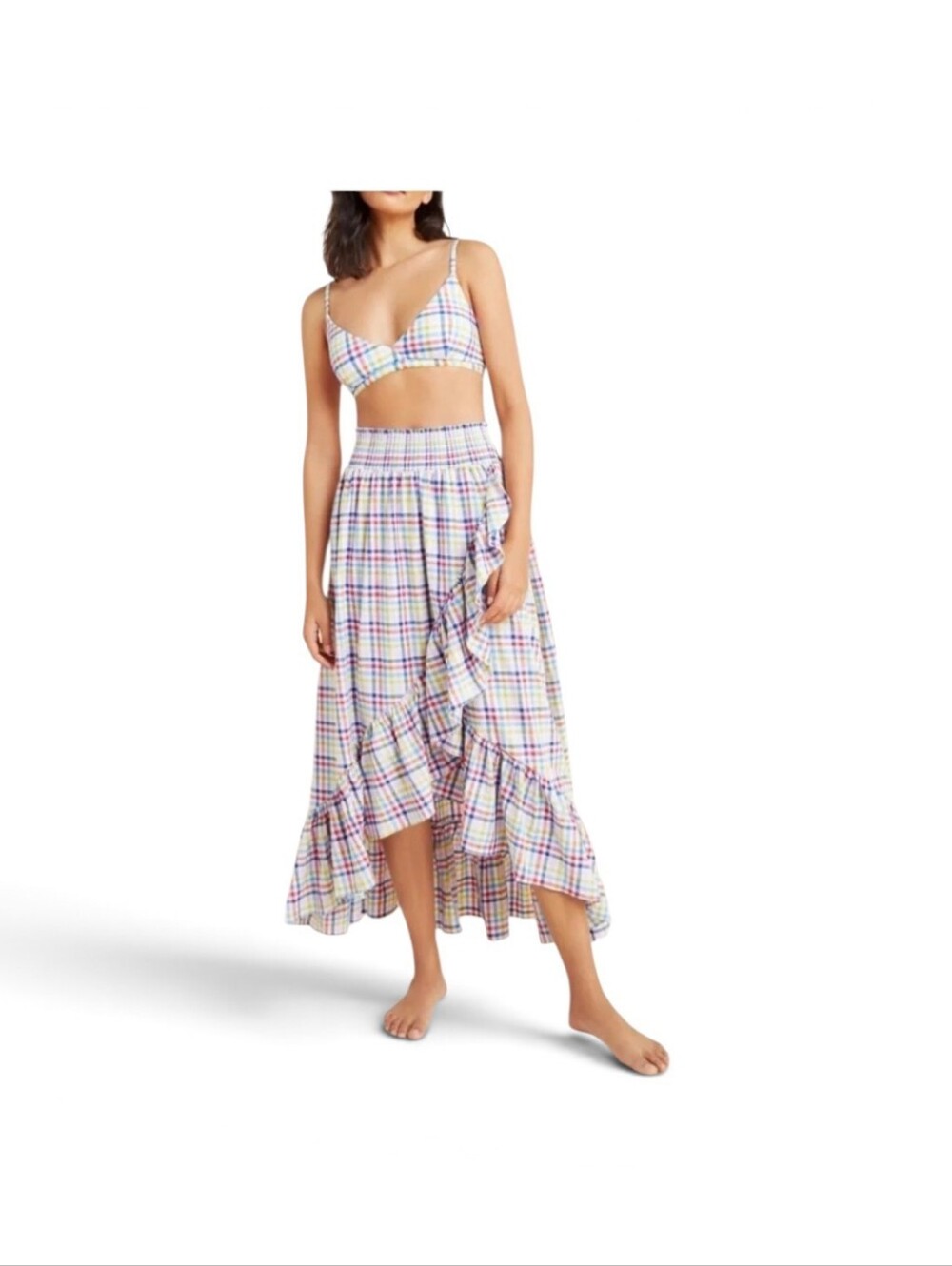 by Anthropologie Plaid Midi Skirt Medium Smocked High Low Ruffle Asymmetric Pink